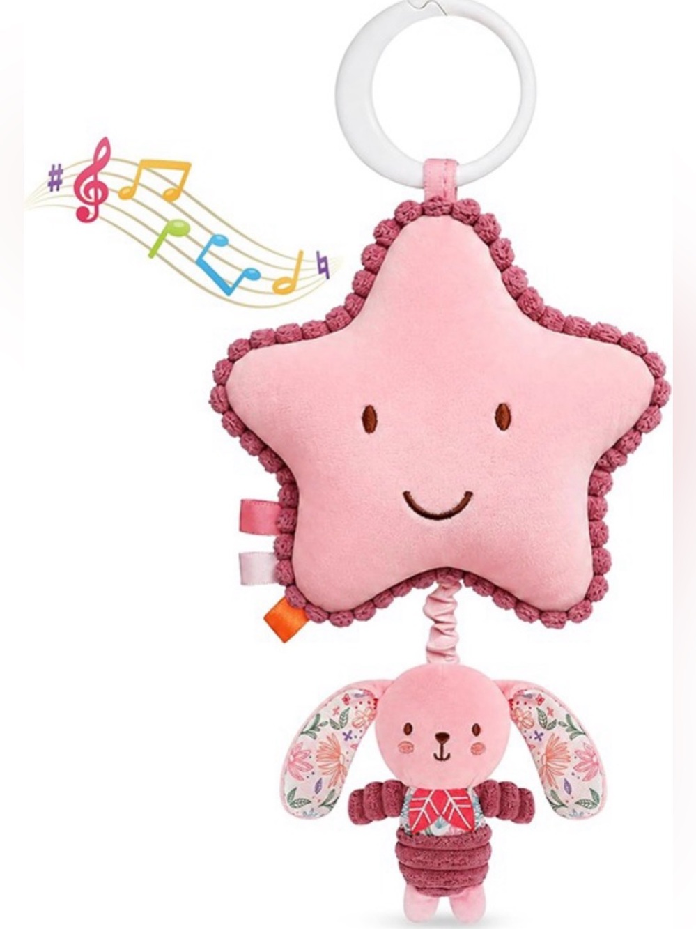 Soft Pink Star & Bunny Musical Plush Crib Toy